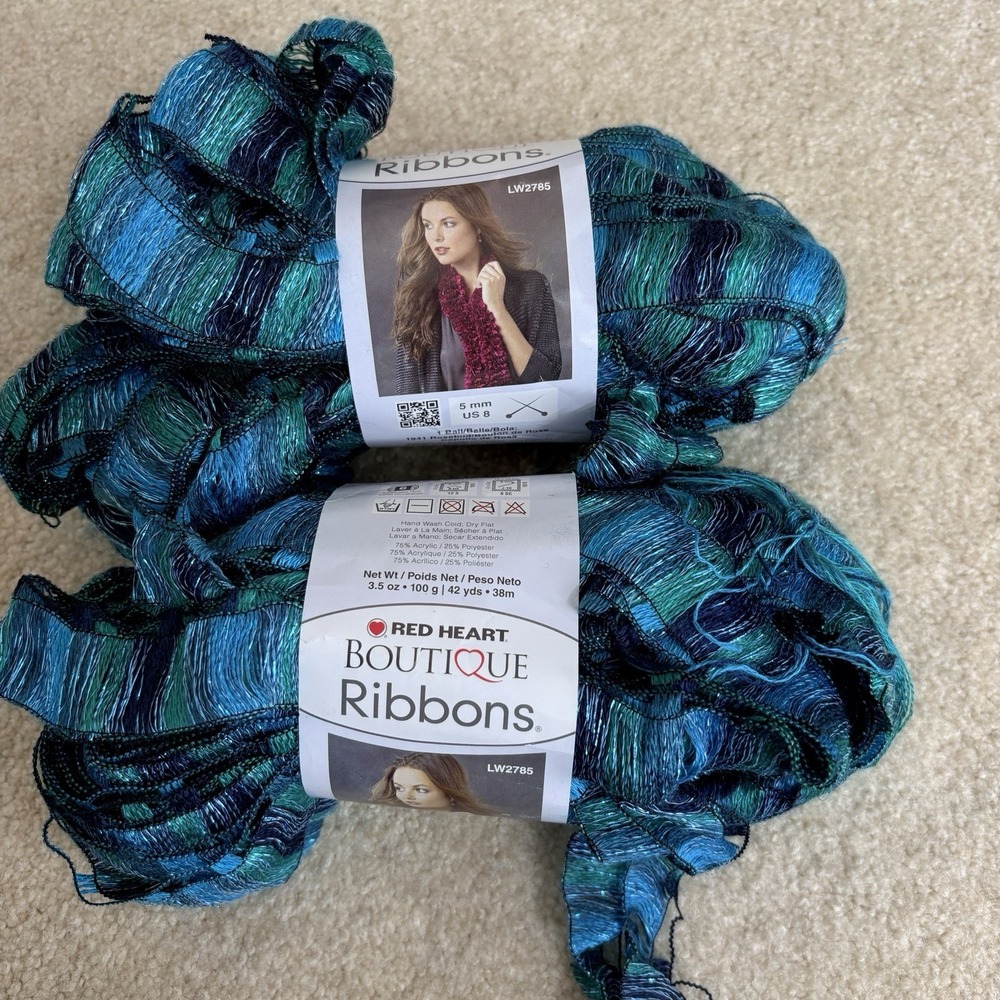 Red Heart Boutique Ribbons Metallic Ruffle Yarn Laguna Blue Green Lot of 2